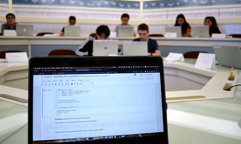 Several students at work at laptops with a computer screen in the foreground