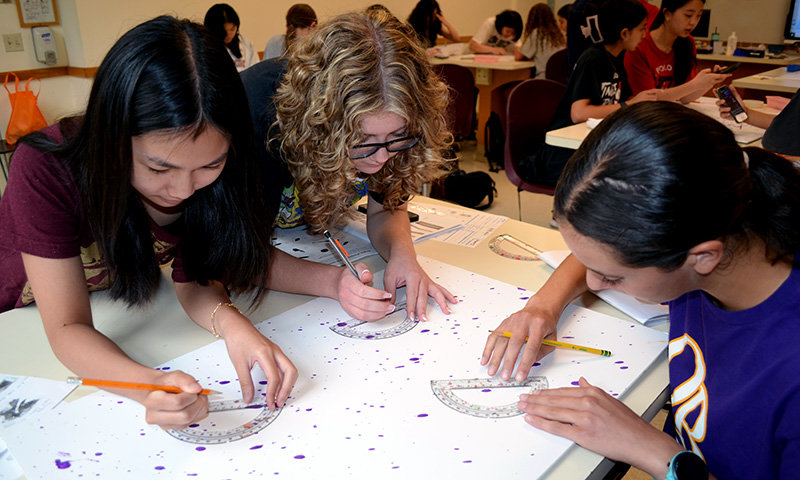 Three students using protractors and pencils to measure and trace blood spatter patterns (represented by purple spots) on a large white sheet.